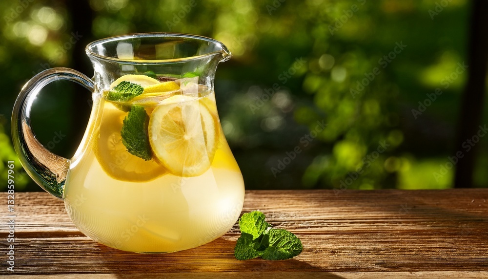 pitcher of homemade lemonade on wooden table pitcher of homemade lemonade on wooden table