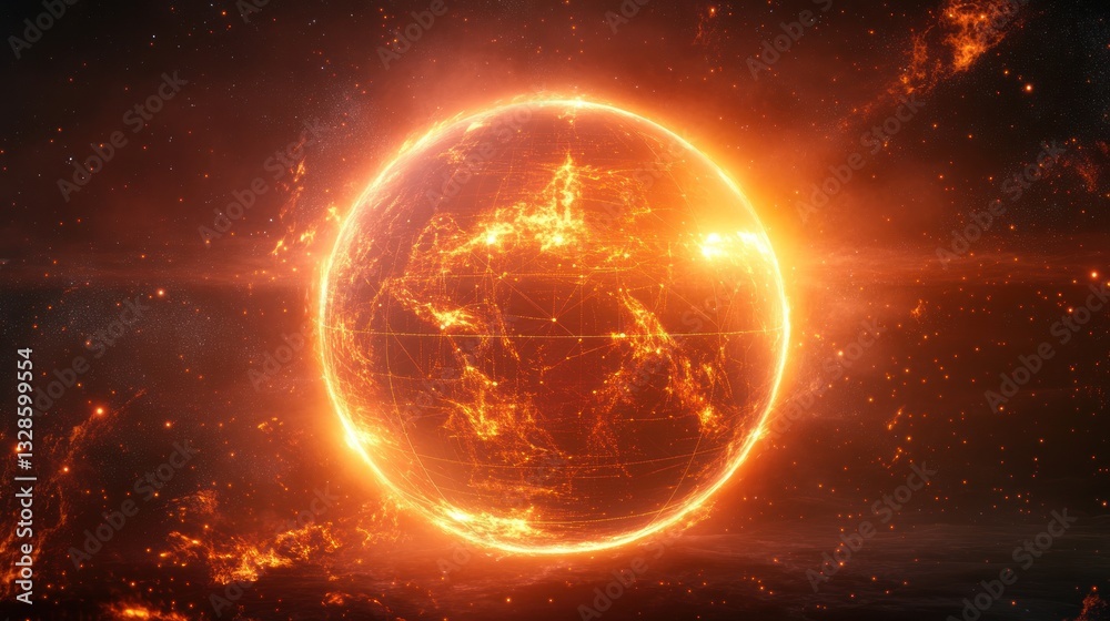 Fototapeta premium Fiery Global Network: A Digital Earth in Inferno
