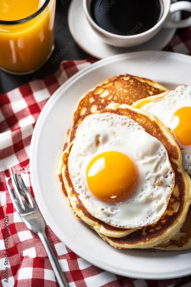 Delicious pancakes with fried eggs and beverages on checkered tablecloth Delicious pancakes with fried eggs and beverages on checkered tablecloth