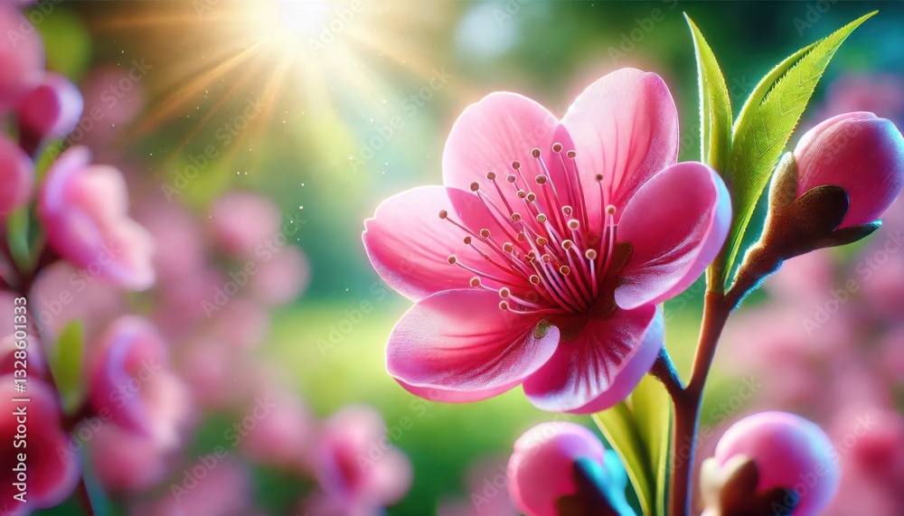 Fototapeta premium Pink peach blossom in full bloom with sunlight shining in a lush garden