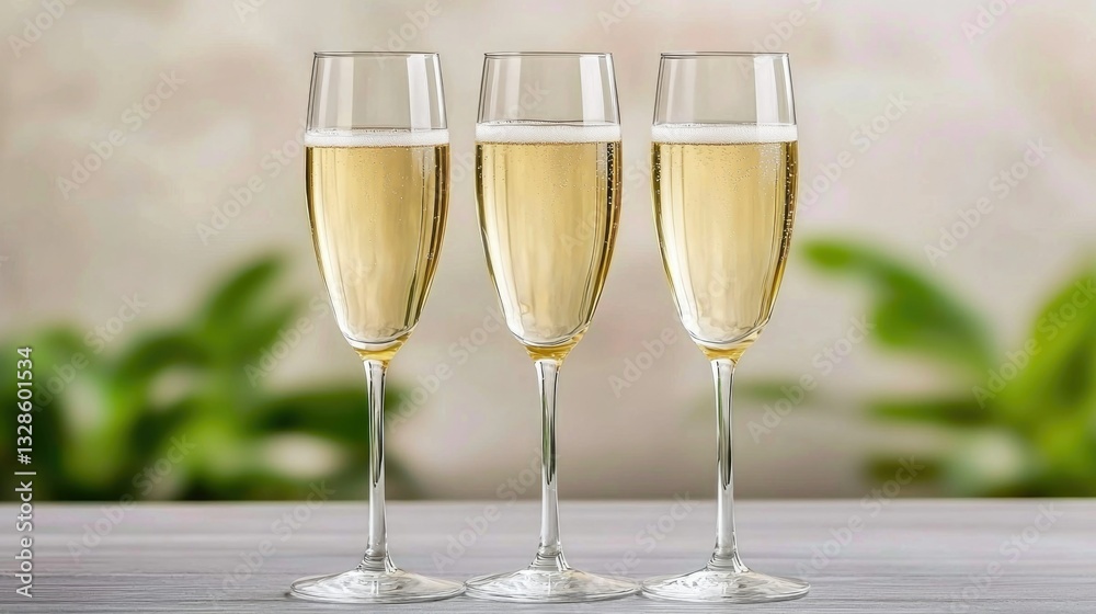 Elegant Champagne Flutes with Bubbly Drink Displayed on Table in Soft Focus Background Elegant Champagne Flutes with Bubbly Drink Displayed on Table in Soft Focus Background