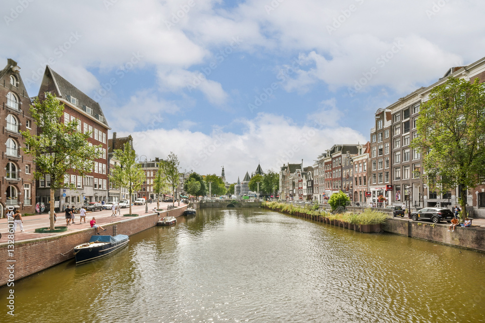 Fototapeta premium A charming view of a canal surrounded by traditional Dutch architecture and lush green trees, perfect for capturing the essence of Amsterdam's beauty.