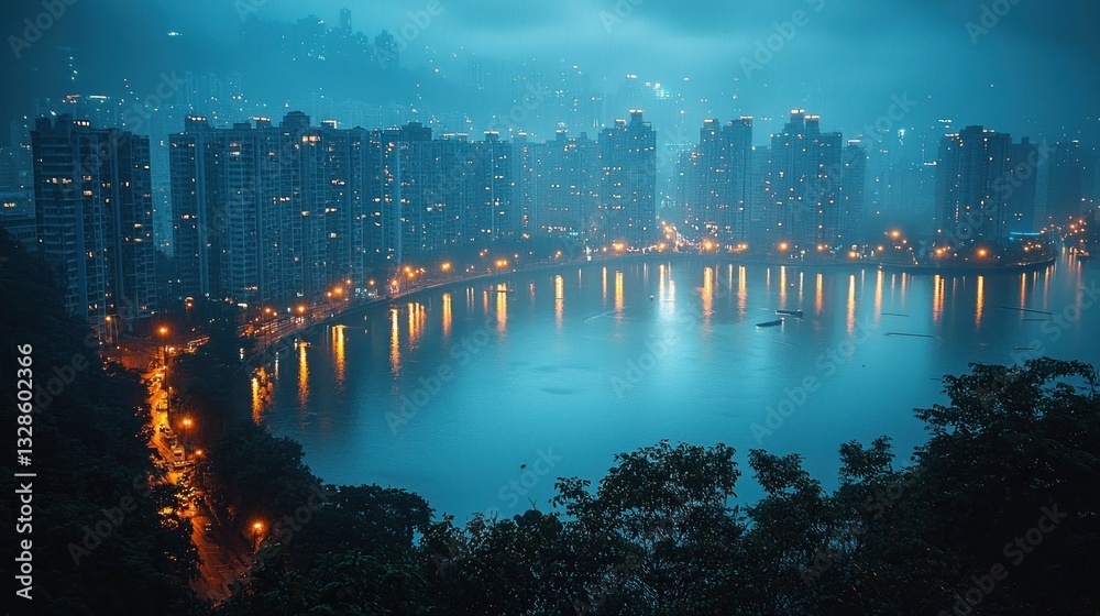 Fototapeta premium Night cityscape reflecting on calm water, misty atmosphere.