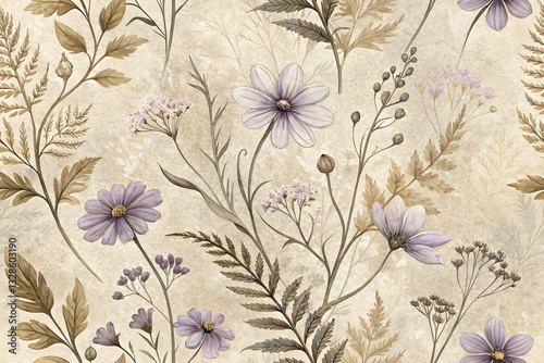 Wallpaper Mural Rustic Botanical Vintage Background with Aged Paper Texture and Delicate Wildflowers Torontodigital.ca