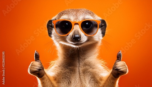 a stylish meerkat wearing sunglasses gives a thumbs up against a vibrant orange background perfect for fun and quirky themes
