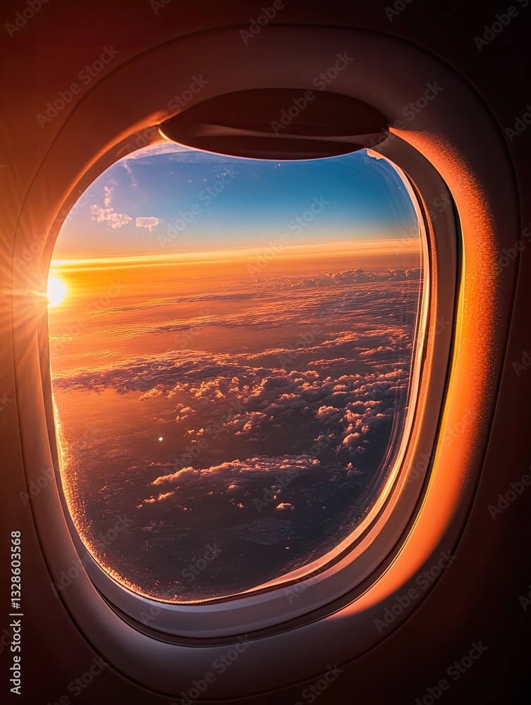 Fototapeta premium Sunset Flight: Aerial View from Airplane Window.