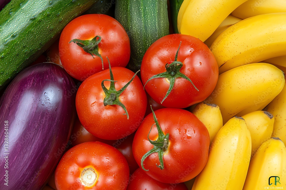 Fresh Vegetables and Fruits Assortment with Tomato Zucchini Eggplant and Banana Fresh Vegetables and Fruits Assortment with Tomato Zucchini Eggplant and Banana
