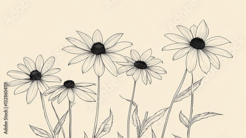 Black eyed susan wildflowers displaying vibrant yellow petals, dark central seed heads, vintage botanical watercolor rendering against soft neutral background