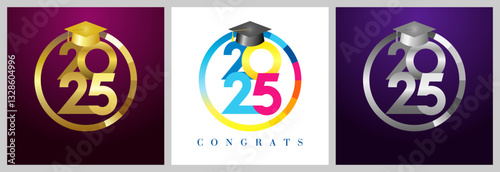 Set of awarded round symbols. Educational winner 2025 medal design. Golden, silver and colourful concept. Graduating congrats. Class of 2025 graduation badge template. Isolated advertising web button.