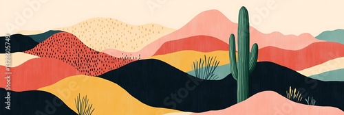 Desert cactus with patterned hills behind it. Website header backdrop