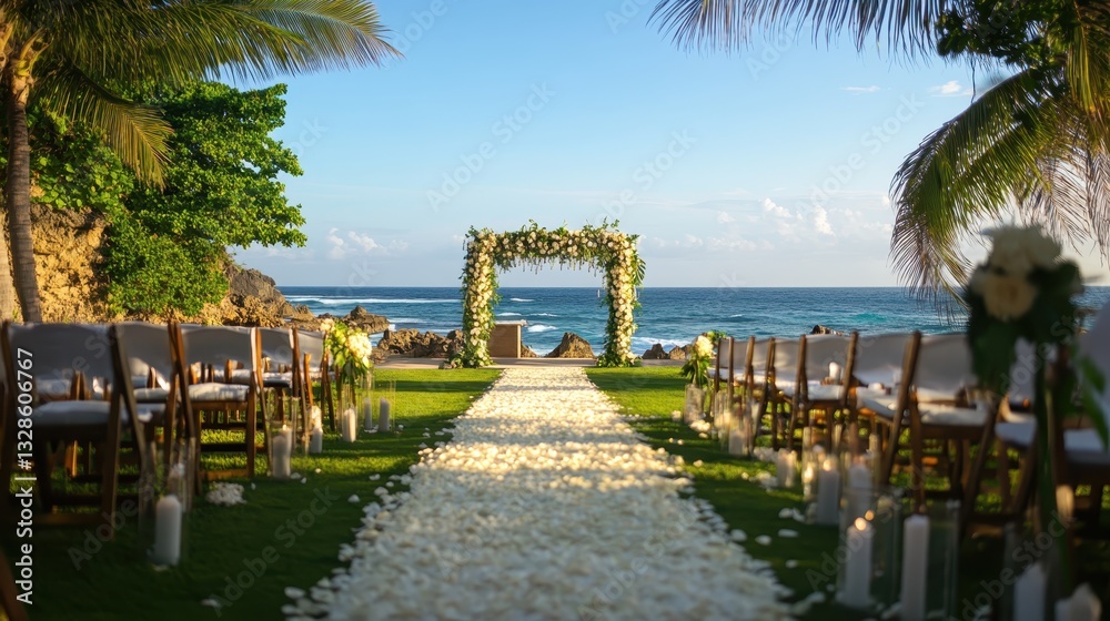 Naklejka premium White flower petals forming an aisle lead to a stunning floral archway with breathtaking ocean views, creating a romantic atmosphere for an unforgettable wedding ceremony