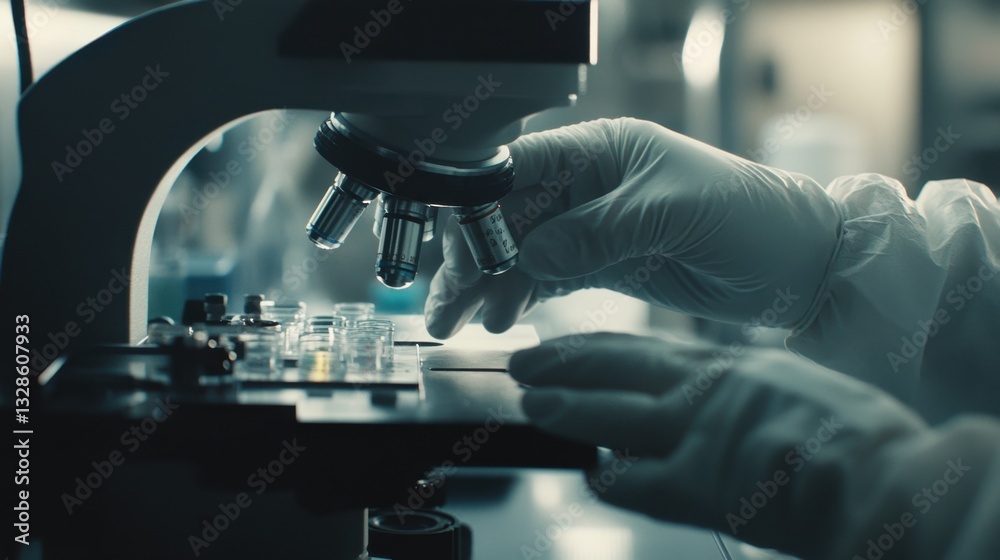 Close-Up of Gloved Hand Adjusting Microscope in Lab Close-Up of Gloved Hand Adjusting Microscope in Lab