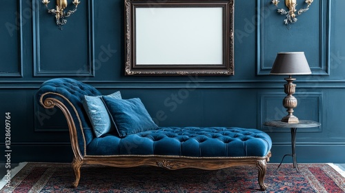 Elegant blue velvet chaise lounge in a dark blue room with gold accents, a dark lamp, and ornate wall paneling. Rich textures and luxurious design elements create a sophisticated atmosphere.