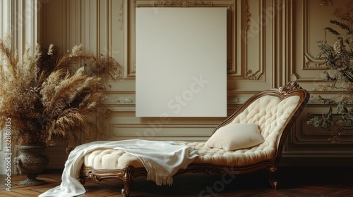 Elegant cream chaise lounge with throw, in ornate room with large blank canvas, featuring neutral color palette and soft lighting.