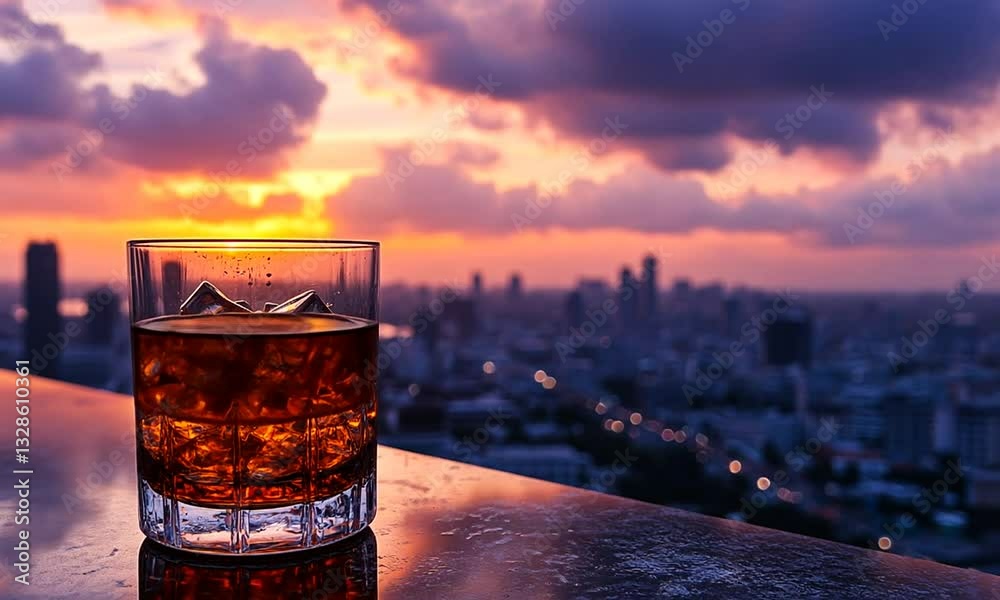 A glass of whiskey on a rooftop bar at sunset, overlooking a vibrant city skyline
