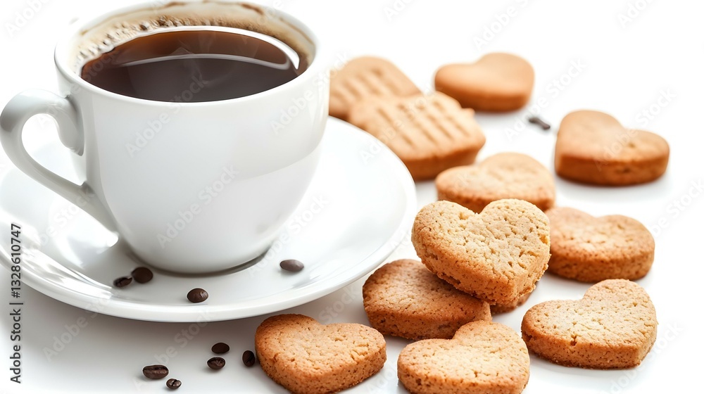 cup of coffee with heart shaped cookies on white cup of coffee with heart shaped cookies on white