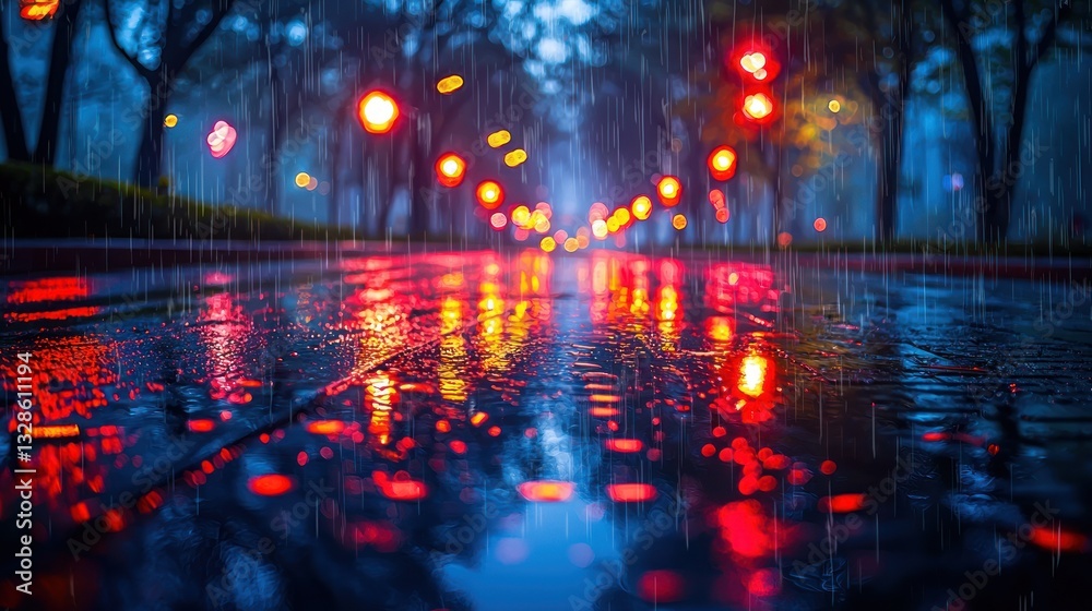 Fototapeta premium Rainy night street, bokeh lights reflections.