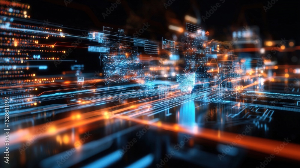 Fototapeta premium Dynamic data flow visualization cyber environment digital art urban landscape futuristic perspective technology concept