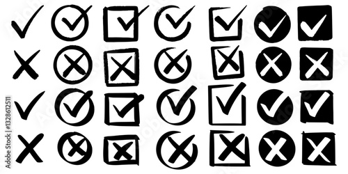 set of hand drawn check marks. checklist marks icon. doodle vector illustration.