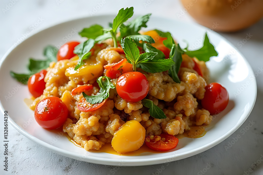 Delicious fresh salad with tomatoes and herbs kitchen food photography bright close-up Delicious fresh salad with tomatoes and herbs kitchen food photography bright close-up