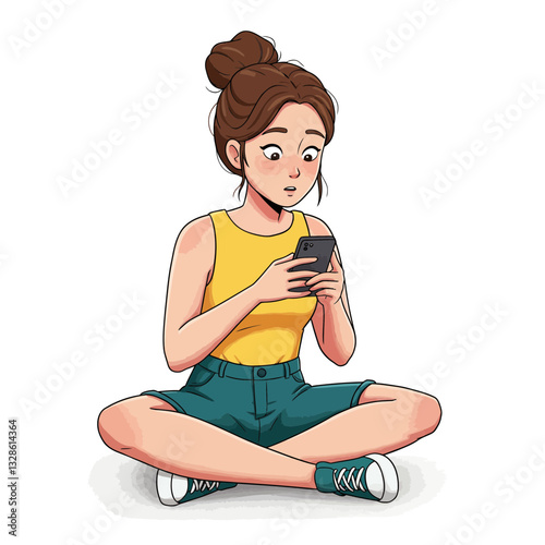 Surprised Girl Looking at Mobile Phone - Cartoon Vector Illustration