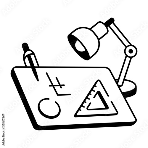 A doodle style icon of drafting table with a lamp 
