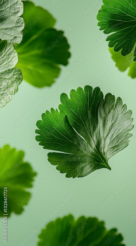 Vibrant green cilantro leaves float against a soft, light green background. The leaves are detailed, showing texture and subtle highlights. A minimalist and refreshing image.
