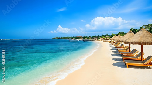 Wallpaper Mural View of peaceful Nusa Dua Beach with sun loungers and umbrellas under blue skies, Bali, Indonesia. Torontodigital.ca