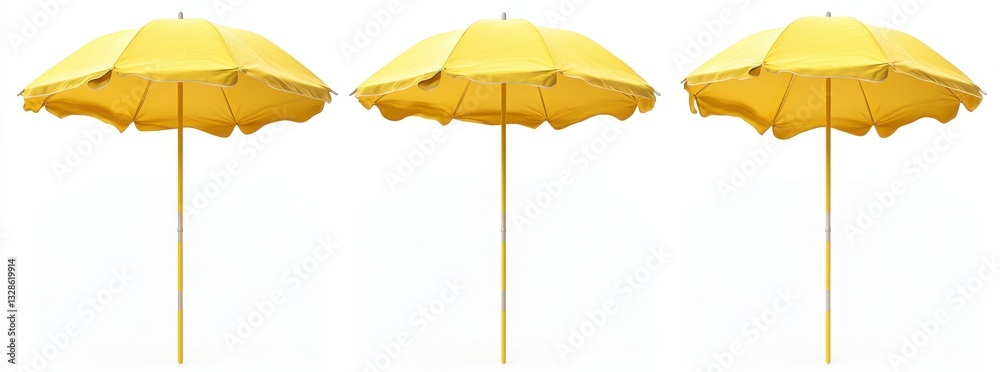 Obraz premium Three bright yellow beach umbrellas against a white background.