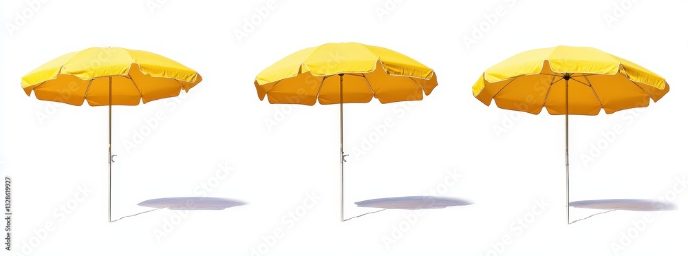 Obraz premium Three vibrant yellow beach umbrellas aligned on a bright sunny day, casting subtle shadows on the ground.