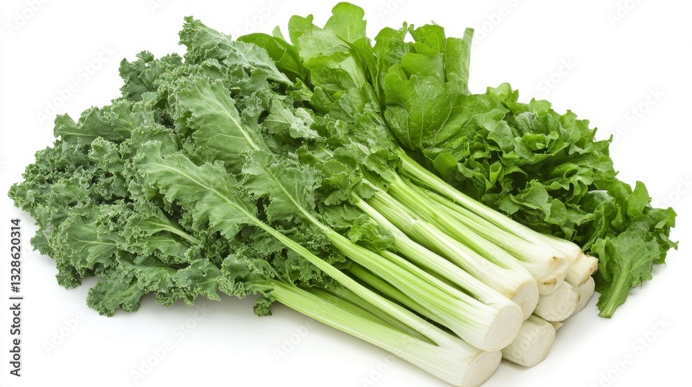 Fresh green celery and leafy greens on white background. Healthy food, organic vegetables. Close up view of vibrant produce. Fresh green celery and leafy greens on white background. Healthy food, organic vegetables. Close up view of vibrant produce.