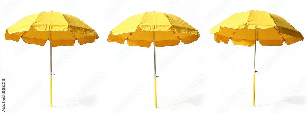Obraz premium Three vibrant yellow beach umbrellas arranged against a pristine white background, evoking a sunny, cheerful atmosphere.
