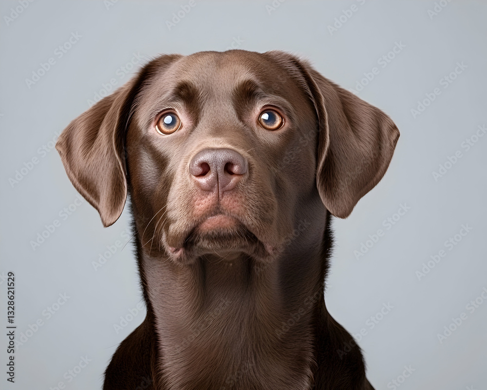 A charming chocolate Labrador Retriever, gazing upward with expressive eyes, against a neutral background A charming chocolate Labrador Retriever, gazing upward with expressive eyes, against a neutral background