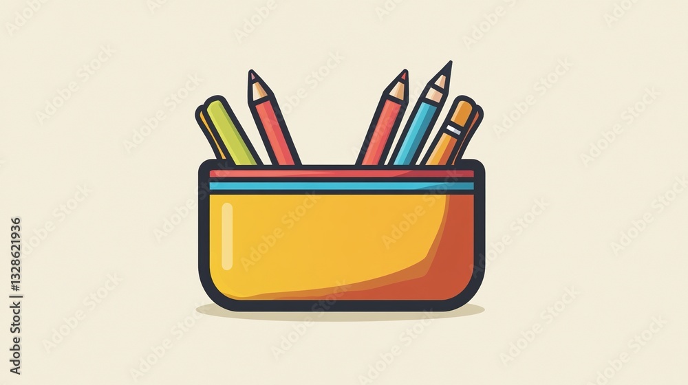 Fototapeta premium Colorful pencil case, school supplies, simple design