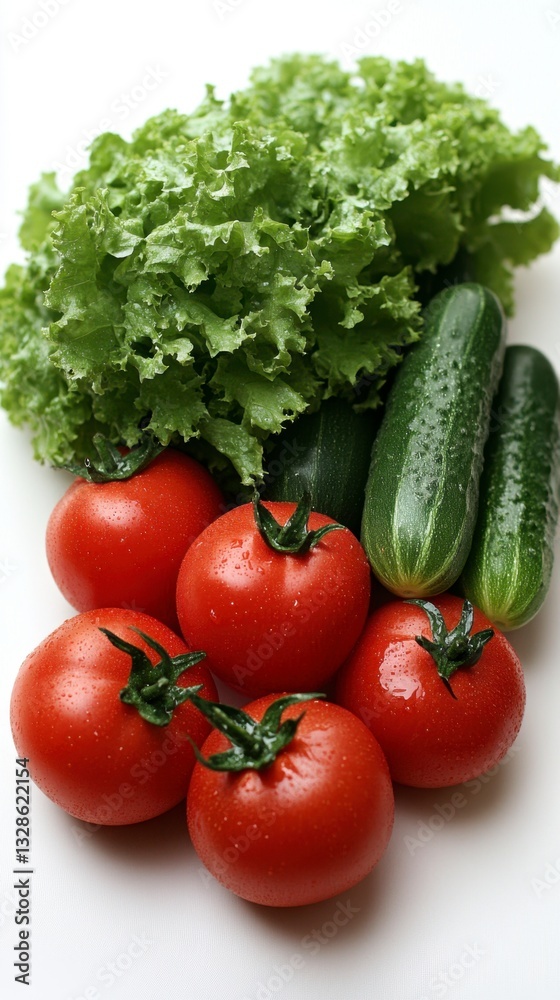 Fresh red tomatoes, green cucumbers, and crisp lettuce leaves arranged on a white background. Water droplets on the vegetables add to the sense of freshness. Fresh red tomatoes, green cucumbers, and crisp lettuce leaves arranged on a white background. Water droplets on the vegetables add to the sense of freshness.