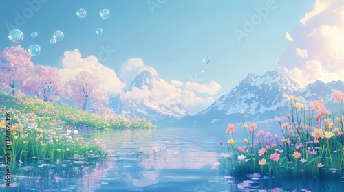 3D illustration of a cute green grassland on the riverside with pastel wildflowers and floating soap bubbles under a dreamy blue sky