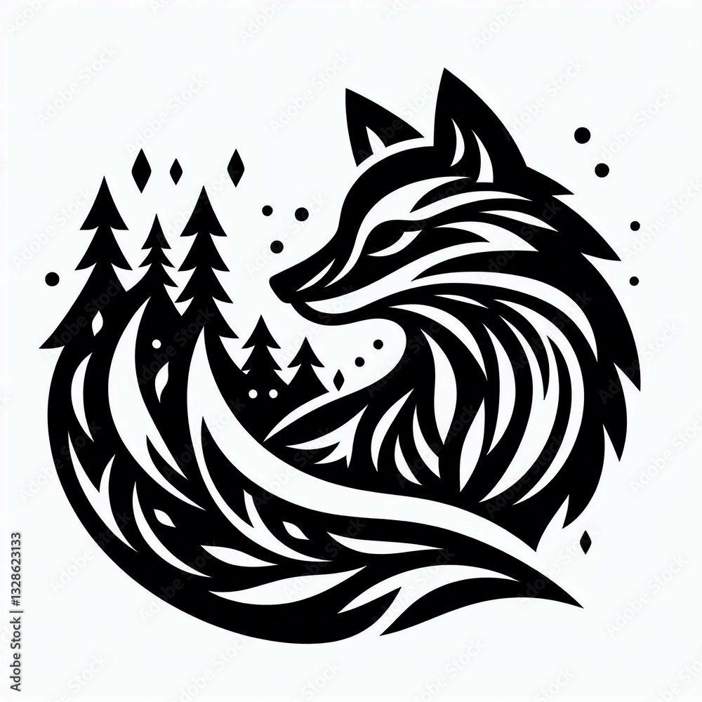 Blackwork Fox Forest Silhouette Art Blackwork Fox Forest Silhouette Art