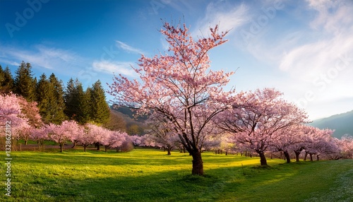 spring sunny day flowers field blossom field blossom trees sakura trees