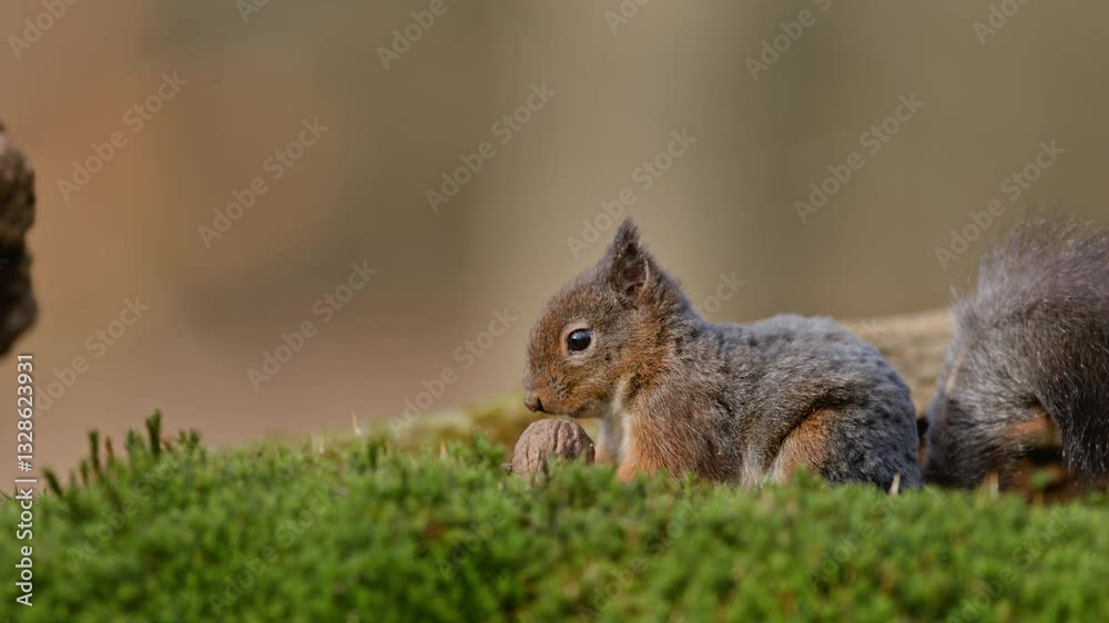 Small squirrel nibbling on a nut in a green forest with moss, super slow motion shot Small squirrel nibbling on a nut in a green forest with moss, super slow motion shot