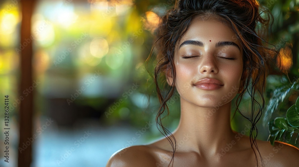 Fototapeta premium Woman with eyes closed engaging in daily self-care rituals to enhance mindfulness and inner peace