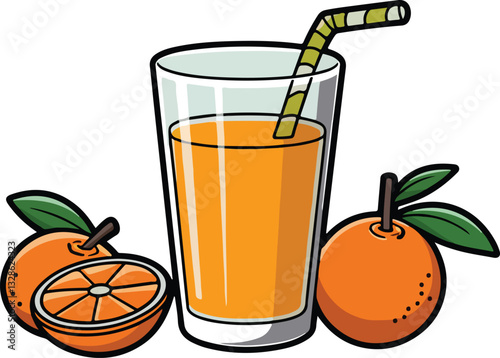 Orange juice healthy drink in glass and citrus fruit with leaf emblem clip art