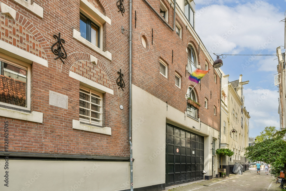 A vibrant urban scene featuring a colorful street with a prominent rainbow flag hanging from the building, showcasing inclusivity and community spirit. A vibrant urban scene featuring a colorful street with a prominent rainbow flag hanging from the building, showcasing inclusivity and community spirit.