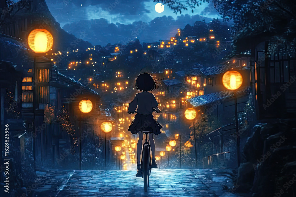 Fototapeta premium Anime girl riding a bike under lantern-lit sky, Japanese-style background, serene night ride, atmospheric illustration