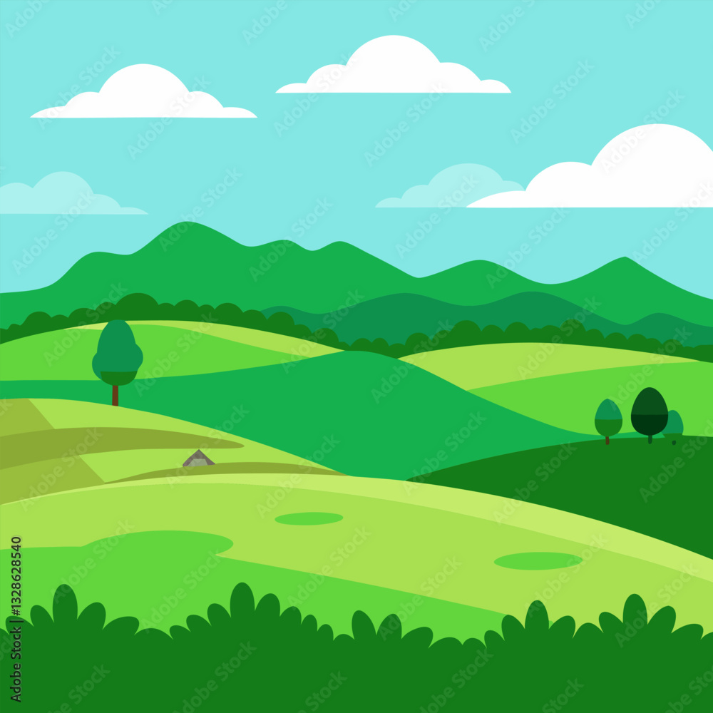 Obraz premium Vector sketch Green grass field on small hills. Meadow, alkali, lye, grassland, pommel, lea, pasturage, farm. Rural scenery landscape.