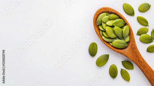 Wallpaper Mural Green pumpkin seeds in a wooden spoon on a white background. A healthy and nutritious food. Torontodigital.ca