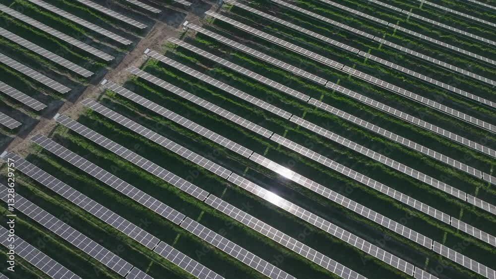 Solar panel field aerial view with rows of panels reflecting sunlight Solar panel field aerial view with rows of panels reflecting sunlight