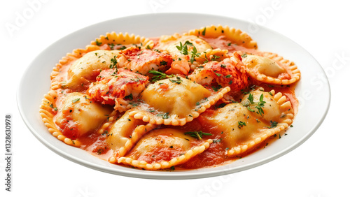 A plate of lobster-stuffed ravioli with a creamy tomato sauce