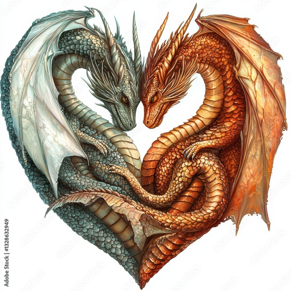 Obraz premium Two Dragons Forming a Heart Shape in Vibrant Colors with Detailed Scales and Majestic Features