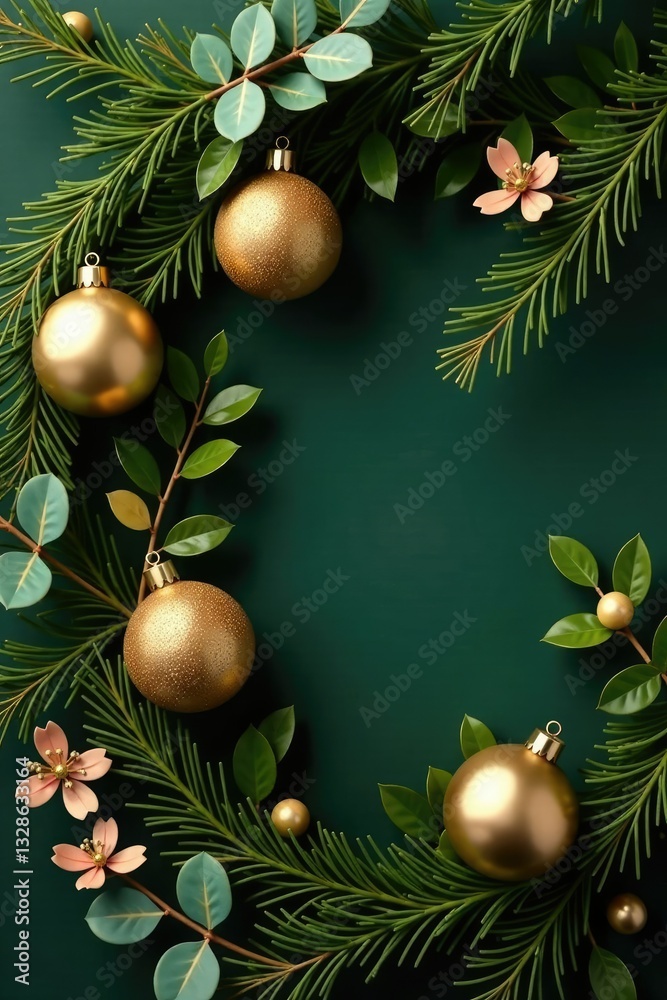 Fototapeta premium Evergreen branches intertwined with gold ornaments and eucalyptus leaves, foliage, gold, flowers
