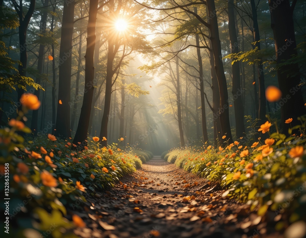 Obraz premium Walking Through Forest Path with Flowers and Sunlight Filtering Through Trees